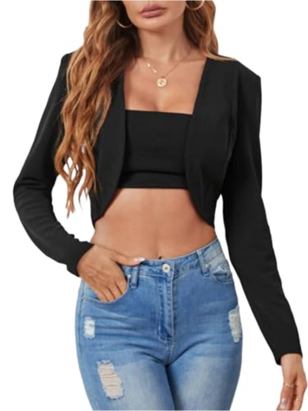 Women's Open Front Crop Blazer Long Sleeve Notch Collar Jacket